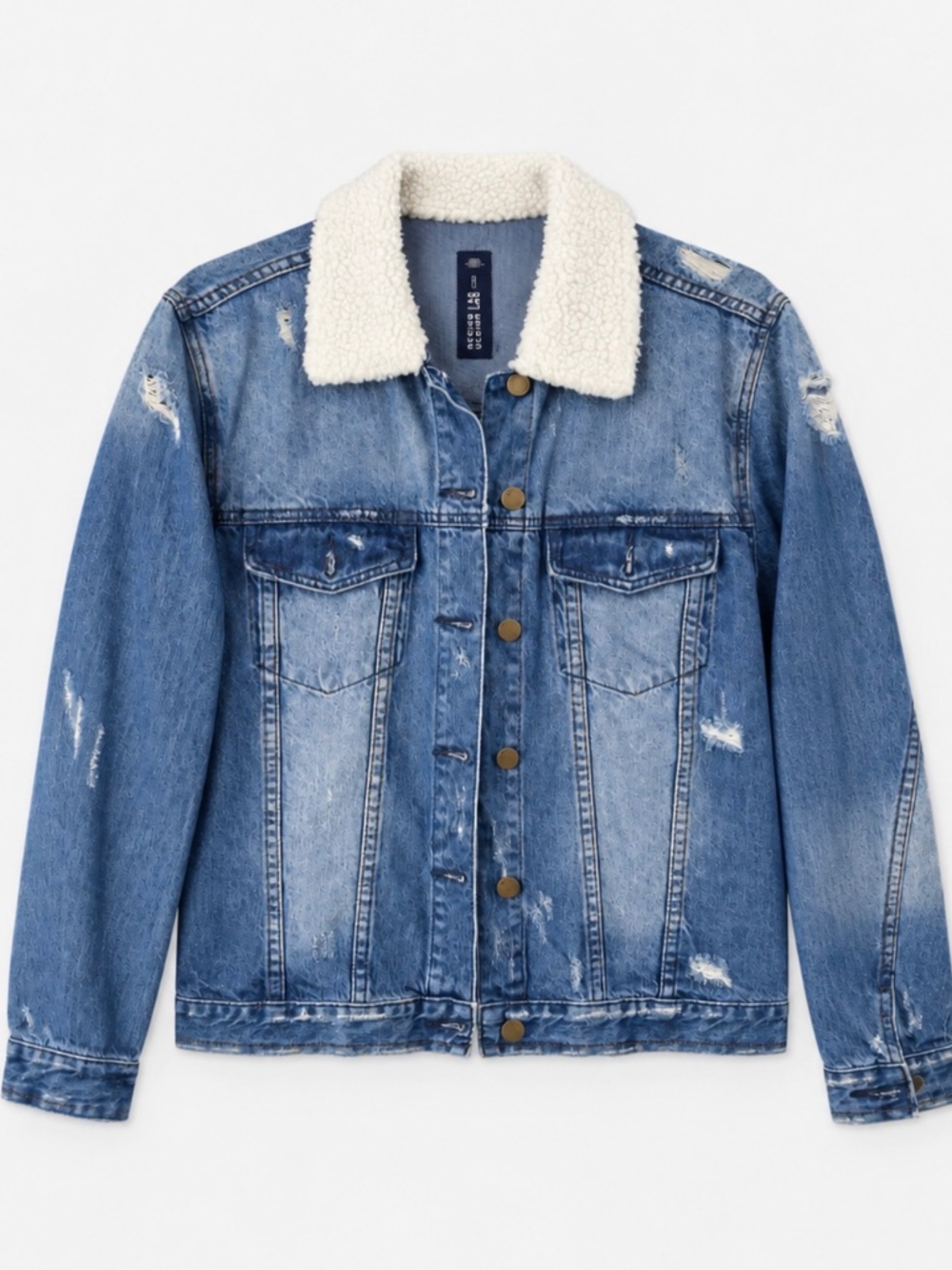 Design Lab Lord & Taylor Distressed Denim Sherpa Collar Trucker Jacket Womens M